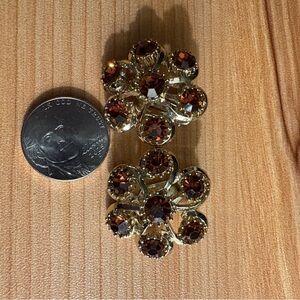 Gold and Brown Floral rhinestone clip on Earrings